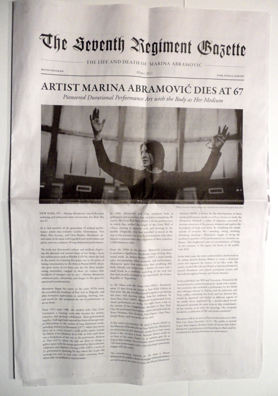 The Life and Death of Marina Abramovic - Programma di sala Park Avenue Armory, New York, 12 Dicembre 2013