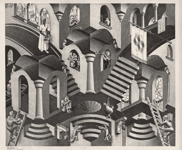 Foto: Maurits Cornelis Escher, Concavo e convesso / Convex and Concave, 1955, Xilografia, 27,50x33,50 cm., Collezione Giudiceandrea Federico, in mostra al Palazzo Albergati di Bologna fino al 19 luglio 2015