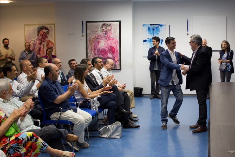 Foto: Un momento del vernissage. In piedi, davanti: Adamo Panessidi e Claudio Elli. In fondo (da sin.) Michele Carminati , Alfredo Rapetti Mogol, Claudia Giordani (delegato Coni Milano), Milano, Palazzo CONI, giovedì 8 giugno 2017