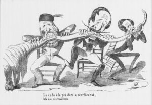 Foto: Giuseppe Garibaldi (a sin.) in una caricatura di Melchiorre De Filippis - Arlecchino, giornale caos di tutti i colori - Anno II, n. 149, Napoli, 12.12.1861 © Ass.Culturale "Il Poliorama" - Teramo