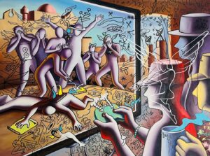 Mark Kostabi, Gaming the Course of History, 2023-2024, Olio su tela, cm. 135x100 © From Pop to Eternity