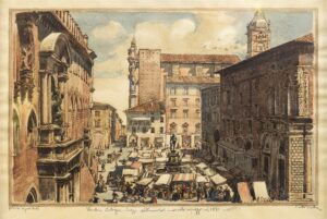Foto: Pietro Pietra, Vecchia Bologna. Piazza Nettuno col mercato, soppresso nel 1871, s.d., penna acquerellata, 24x33 cm, collezione privata