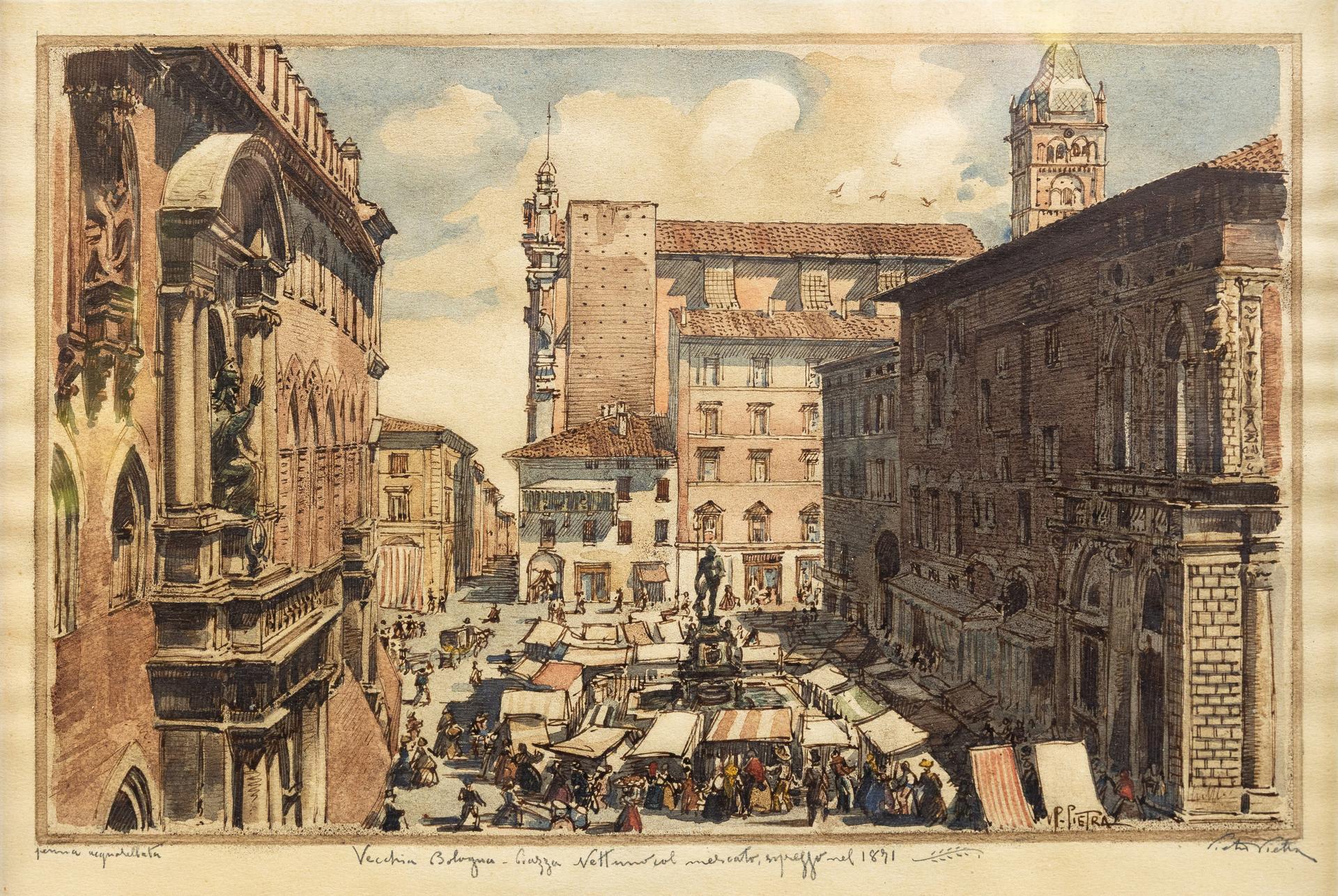 Foto: Pietro Pietra, Vecchia Bologna. Piazza Nettuno col mercato, soppresso nel 1871, s.d., penna acquerellata, 24x33 cm, collezione privata