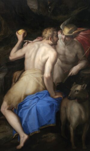 Foto: Lorenzo Sabatini, detto Lorenzino da Bologna (Bologna, 1530 circa – Roma, 1576) - Paride e Mercurio -1567, Olio su tela, cm 190 x 111 - Firmato e datato al centro a destra: “LAVRENTIVS SABATINVS BONON. MDLXVII”© Fondantico di Tiziana Sassoli